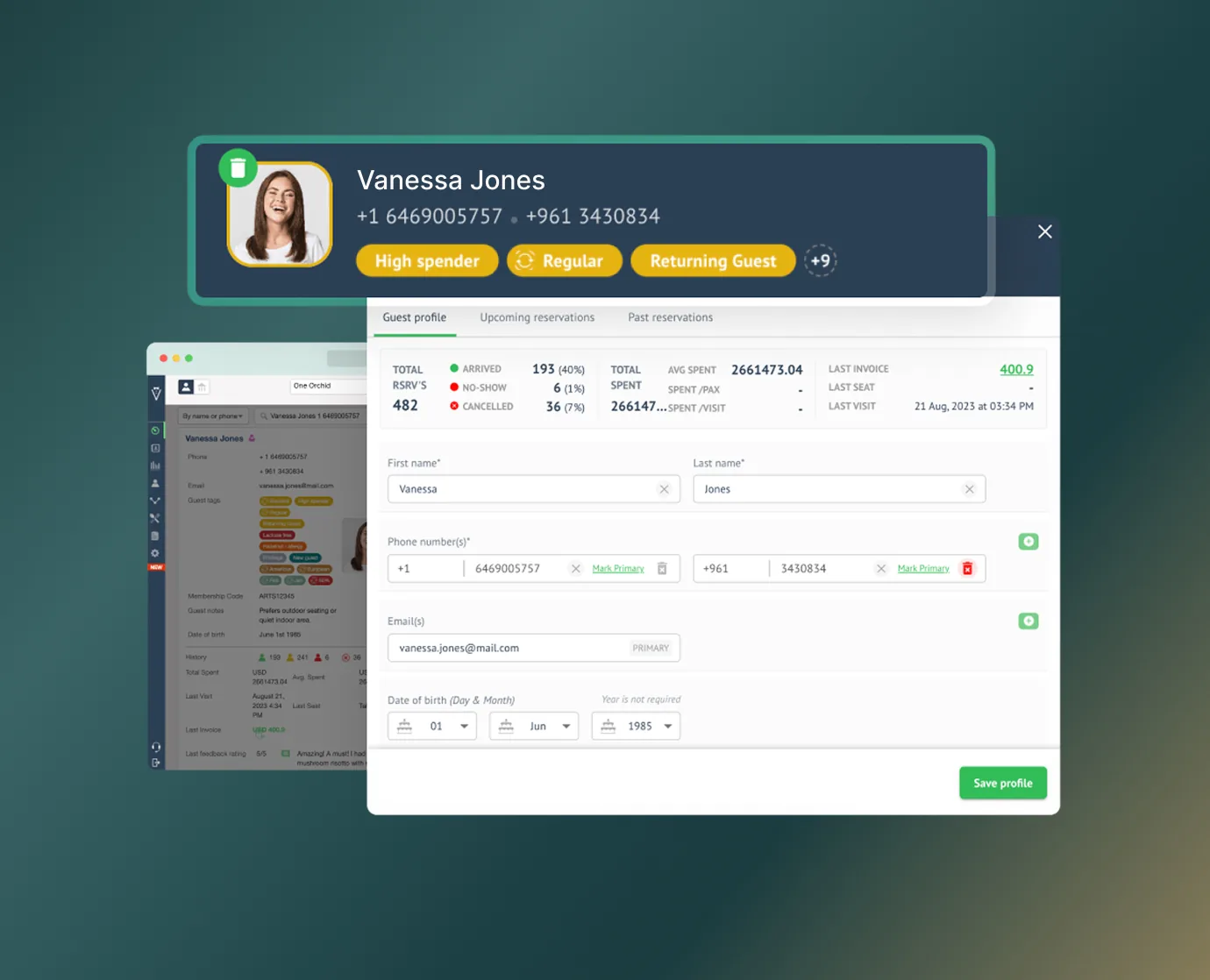 Guest profile with visit history, spend, and reservation stats