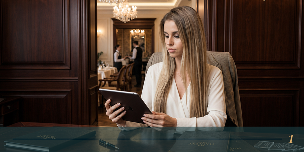Restaurant manager reviewing marketing campaigns on a tablet at her desk, with the dining room visible in the background.