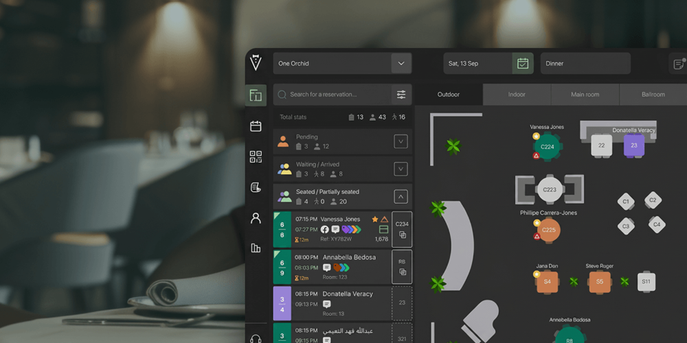 Servme restaurant management platform showing a live floor plan with table statuses, guest names, and reservation details
