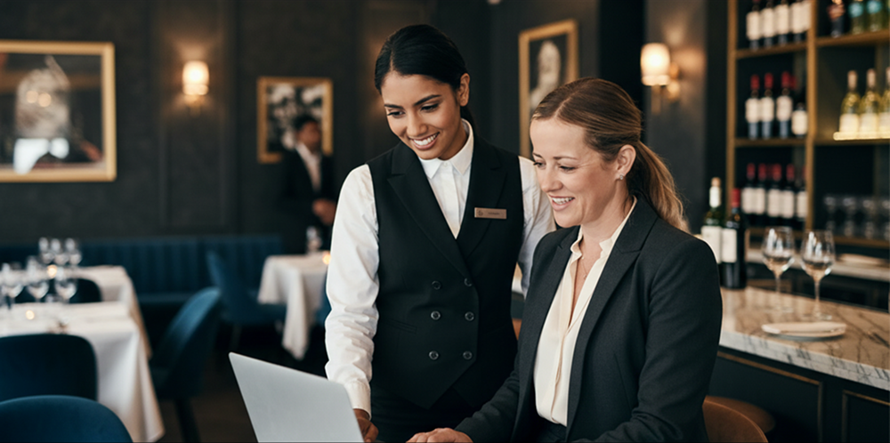 Restaurant manager and server reviewing scheduling or performance data on a laptop in a fine dining venue