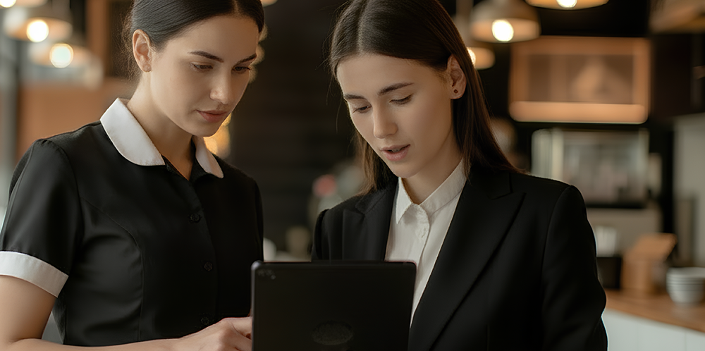 Two restaurant staff members reviewing operations on a tablet in a modern restaurant setting