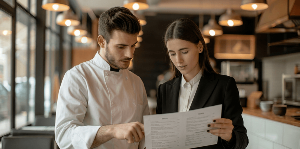 Chef and restaurant manager reviewing a printed menu in a restaurant kitchen