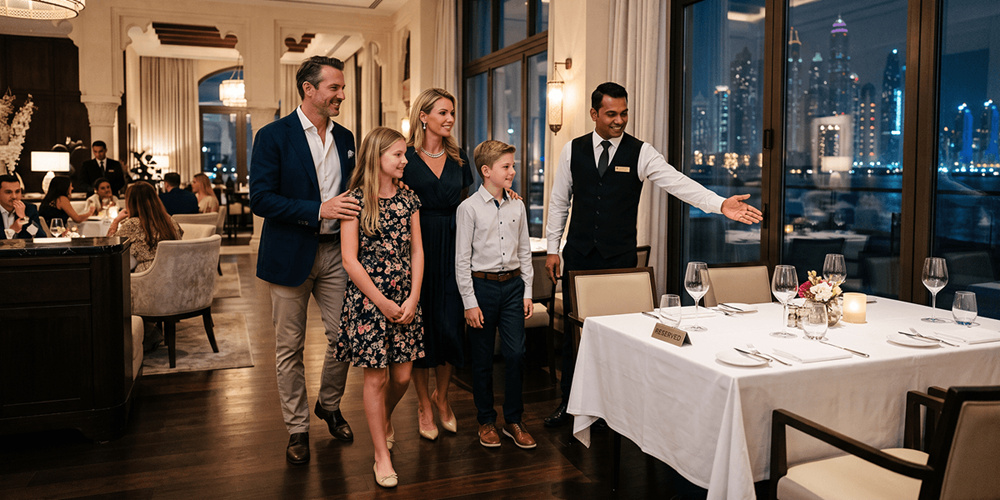 A server escorts a family of four to their reserved table in a Gulf fine-dining restaurant, with floor-to-ceiling windows overlooking a city skyline at night.