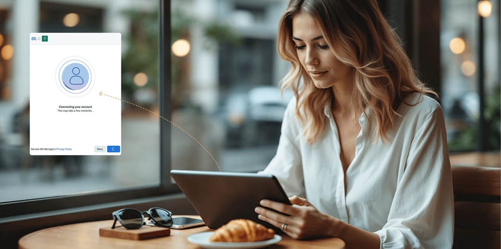 A restaurant manager setting up a WhatsApp Sender ID connection via the Servme WA Manager interface on a tablet, showing the account linking step during onboarding.