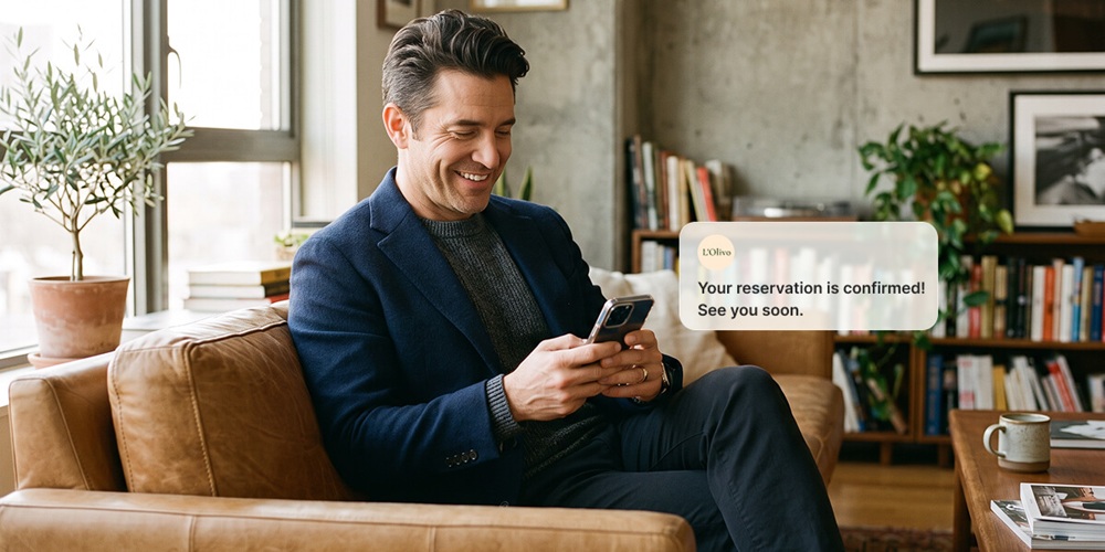A man reading a restaurant reservation confirmation on his phone. The notification reads "Your reservation is confirmed. See you soon."