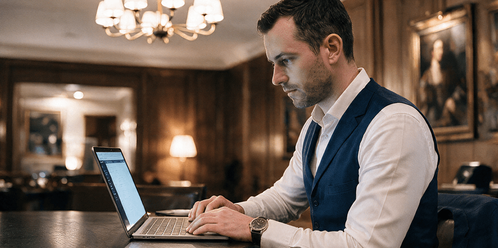 Restaurant manager reviewing reservations on a laptop in an upscale hotel dining room.
