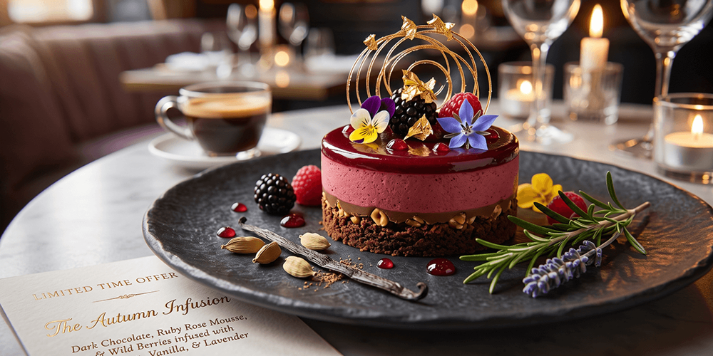 A limited-time dessert special — The Autumn Infusion — plated on slate with a menu card, illustrating how a well-framed offer creates urgency and a reason to return.